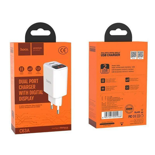 Сетевое зарядное устройство Hoco C63A Victoria 2USB 2400mAh (белый)
