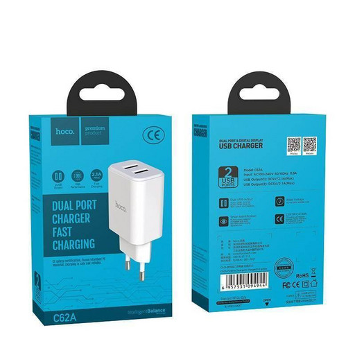 Сетевое зарядное устройство Hoco C62A Victoria 2USB 2400mAh (белый)