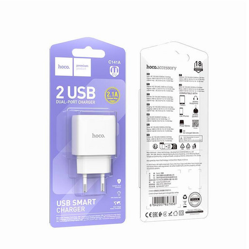Сетевое зарядное устройство Hoco C141A Smart 2USB 2400mAh (белый)