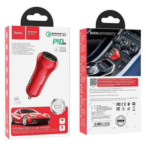 Автомобильное зарядное устройство Hoco Z38 Resolute PD 20W + QC3.0 (красный)