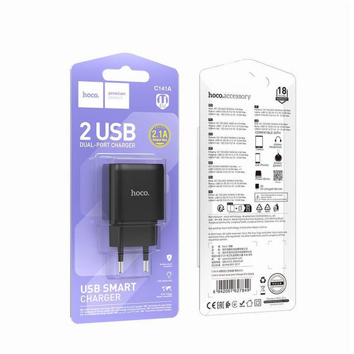 Сетевое зарядное устройство Hoco C141A Smart 2USB 2400mAh (черный)