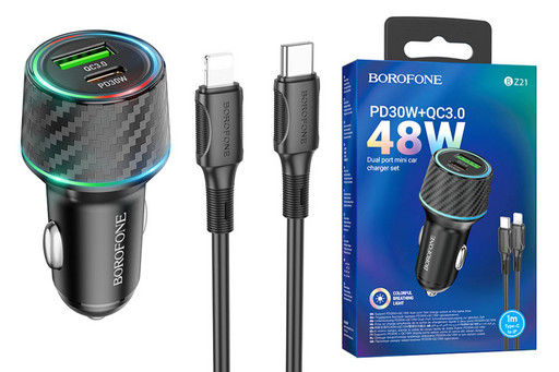 Автомобильное зарядное устройство Borofone BZ21 + кабель Lightning PD+QC 3.0