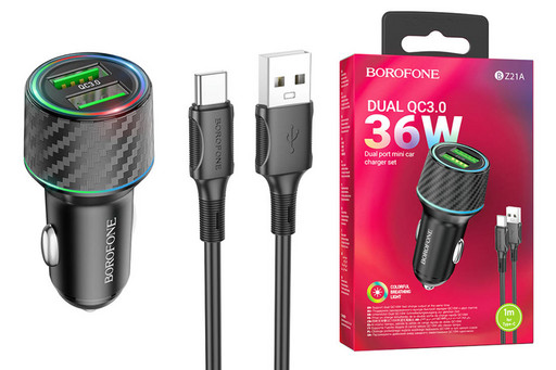 Автомобильное зарядное устройство Borofone BZ21A + кабель Type-C QC 3.0