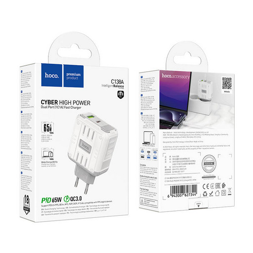 Сетевое зарядное устройство Hoco C138A Rock USB + USB-C ( PD65W + QC3.0 )