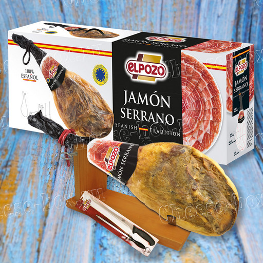 Caja lote jamon serrano Elpozo (Подарочный набор с хамоном Серрано, хамонерой и ножом для нарезки Эльпозо ) : 7,25 кг