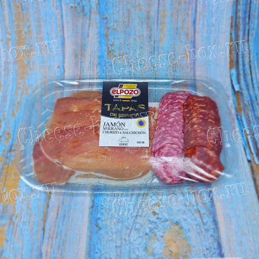 Tapaz de Espana Chorizo Salchichon Jamon Serrano duroc Elpozo( Набор Хамон Серрано, Колбаса сыровяленая Chorizo, Колбаса сыровяленая Salchichón) 100 гр.