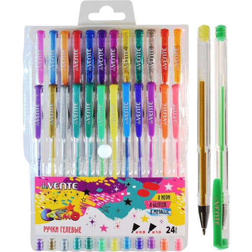 Ручки гелевые, набор 24 шт./24 цвета (с эффектами), d=0.8 мм, линия 0.4 мм, deVENTE Cosmo