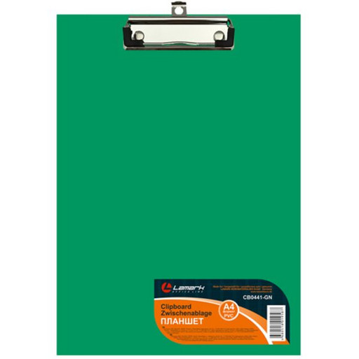 Планшет с зажимом LAMARK, А4, картон/PVC, пласт. уголки, европодвес, зеленый