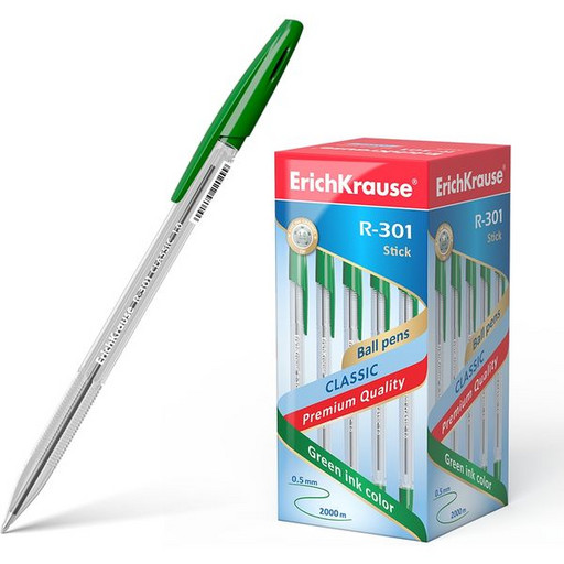 Ручка шариковая 1,0 мм зеленая ErichKrause R-301 Classic Stick, прозрачный корпус (со штрихкодом)
