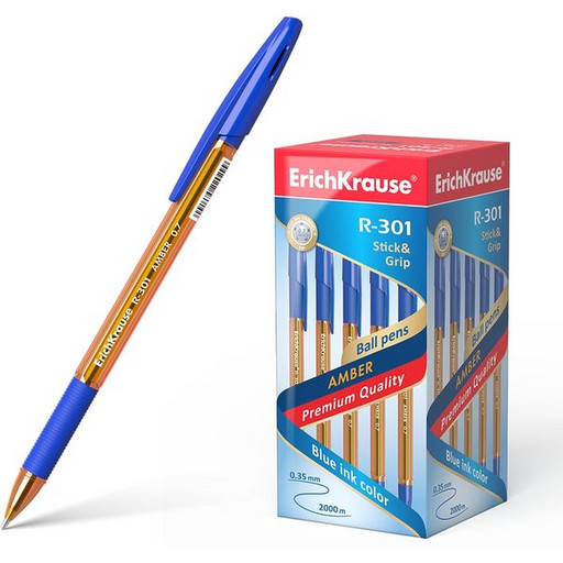 Ручка шариковая 0,7 мм синяя ErichKrause R-301 Amber Stick&Grip, полупрозр оранж. корпус, грип