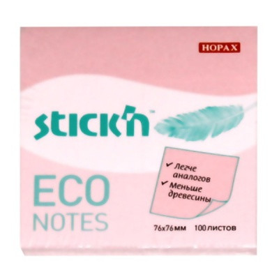 Бумага для заметок с клеевым краем, 76*76 мм, 100 л., 60 г/м2, пастельно-розовая, Stick`n ECO Hopax