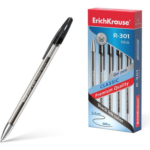 Ручка гелевая 0,5 мм черная ErichKrause Classic Gel Stick, прозр. корпус, метал. наконечник