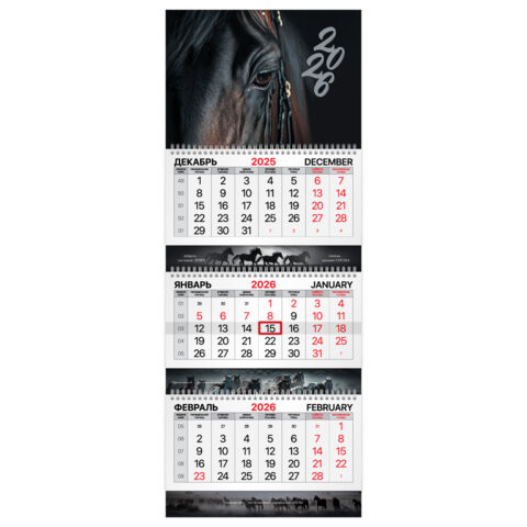 Календарь квартальный 2026 г., 3 блока, 3 гребня, бегунок, мелованная бумага, BRAUBERG EXTRA, "Символ года", 116812