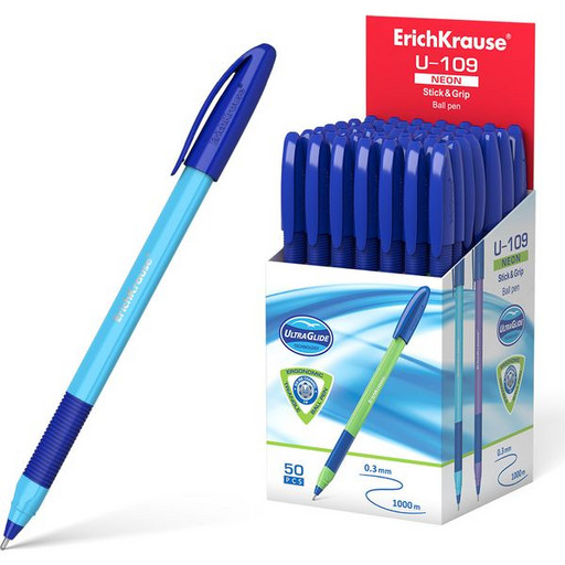 Ручка шариковая 1,0 мм синяя ErichKrause U-109 Neon Stick&Grip Ultra Glide, одноразовая, каучуковая вставка, тонированный синий корпус, длина письма 1000 м