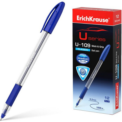 Ручка шариковая 1,0 мм синяя ErichKrause U-109 Classic Stick&Grip Ultra Glide, каучук.вставка, про