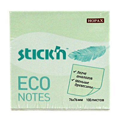Бумага для заметок с клеевым краем, 76*76 мм, 100 л., 60 г/м2, пастельно-зеленая, Stick`n ECO Hopax