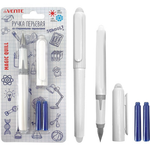 Ручка перьевая стираемая, перо F, с 3 баллончиками 0,8 мл, синие чернила, белый, deVENTE Magic Quill
