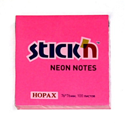 Бумага для заметок с клеевым краем, 76*76 мм, 100 л., 70 г/м2, малиновый неон, Stick`n Neon Hopax
