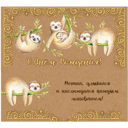 Конверт для денег С днем рождения! Ленивцы_Dream Cards Крафт lux color (с текстом)