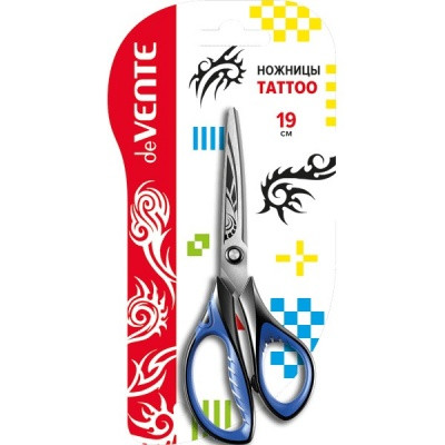 Ножницы 19 см deVENTE Tattoo, комбинированные асимметрич. ручки, гравировка на лезвиях, в к/блистере