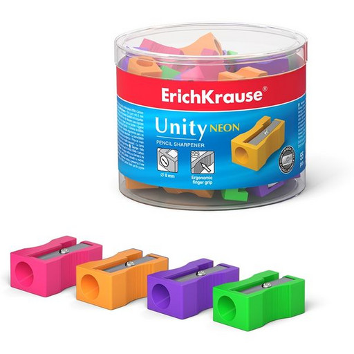 Точилка пластиковая ErichKrause Unity Neon, 1 отверстие, 4 цвета ассорти, в п/тубе