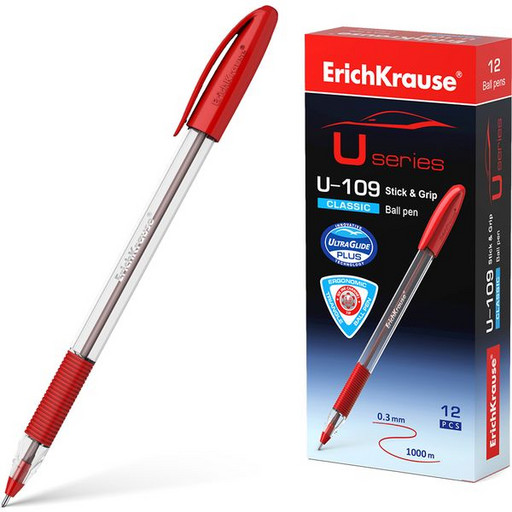 Ручка шариковая 1,0 мм красная ErichKrause U-109 Classic Stick&Grip Ultra Glide, одноразовая, каучуковая вставка, прозрачный корпус, длина письма 1000 м