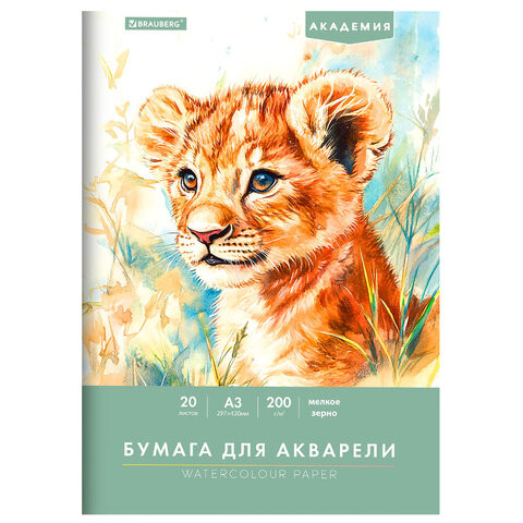 Папка для акварели БОЛЬШАЯ А3, 20 л., 200 г/м2, 297х420 мм, BRAUBERG АКАДЕМИЯ, "Львёнок", 117745 Папка для акварели БОЛЬШАЯ А3, 20 л., 200 г/м2, 297х420 мм, BRAUBERG АКАДЕМИЯ, "Львёнок", 117745