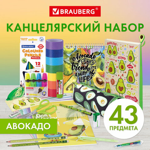 Набор канцелярии подарочный BRAUBERG "AVOCADO", 18 наименований, 43 предмета, 880951