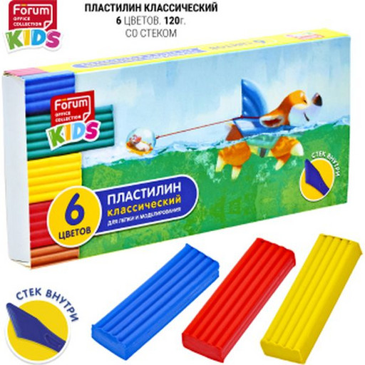 Пластилин классический FORUM Office Collection KIDS Зверята, 6 цветов, 120 г, стек, к/уп.