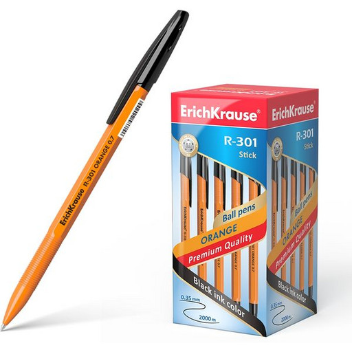 Ручка шариковая 0,7 мм черная ErichKrause R-301 Orange Stick, оранжевый шестигранный корпус
