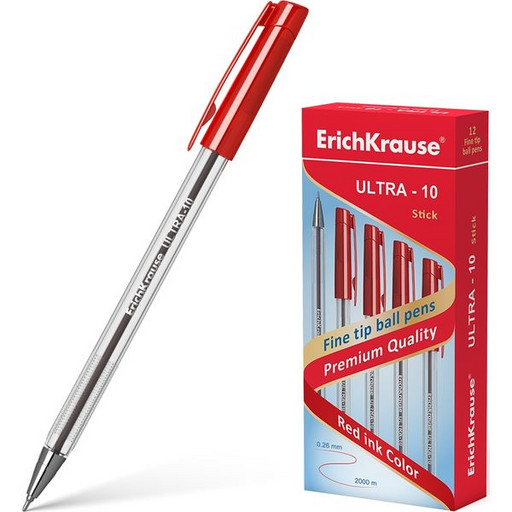 Ручка шариковая 0,7 мм красная ErichKrause ULTRA-10, игольчатый ПУ, метал. наконечник, прозр. корп.