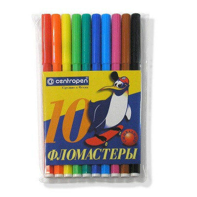 Фломастеры 10 цветов Centropen Пингвины, чернила на в/о, вентилируемый колпачок, пвх конверт