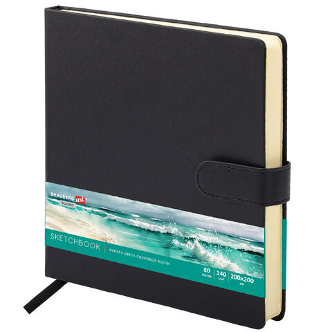 Скетчбук, слоновая кость 140 г/м2, 200х200 мм, 80 л., КОЖЗАМ, застежка, BRAUBERG ART CLASSIC, черный, 116462