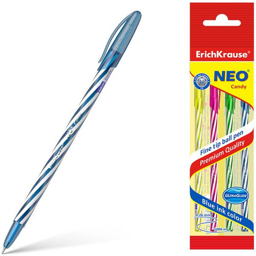 Ручка шариковая 0,7 мм синяя ErichKrause Coctail 4 шт. в пакете игольчатый пишущий узел, матовый корпус, одноразовая, ассорти