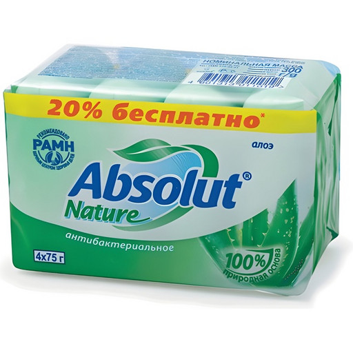 Мыло туалетное антибактериальное 300 г ABSOLUT Алоэ, Комплект 4 шт*75 гр, без триклозана