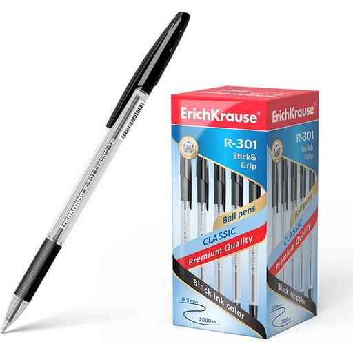 Ручка шариковая 1,0 мм черная ErichKrause R-301 Classic Stick&Grip, прозрач. корпус, кауч. грип