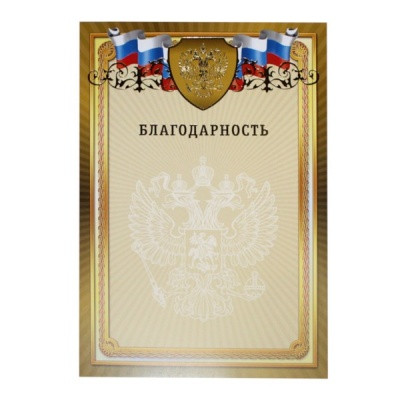 Благодарность, с госсимволикой, А4, 200 г/м2, цв. мел. бумага, тисн. фольгой. Премиум