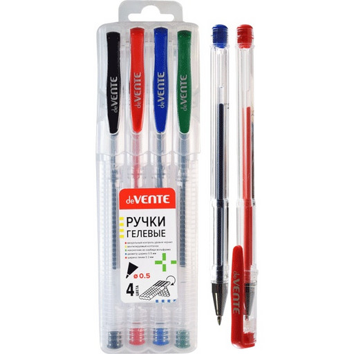Ручки гелевые, набор 4 шт./4 цвета, d=0.5 мм, линия 0.3 мм, deVENTE