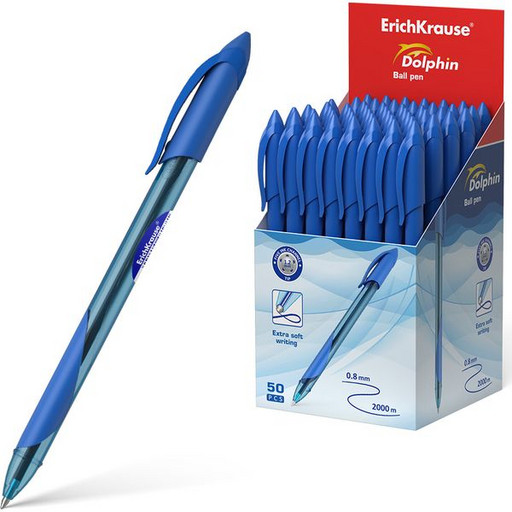 Ручка шариковая 1,2 мм синяя ErichKrause Dolphin Stick, эргономичный каучук. грип