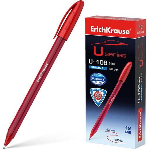 Ручка шариковая 1,0 мм красная ErichKrause U-108 Original Stick одноразовая, Ultra Glide, тонир.корпус