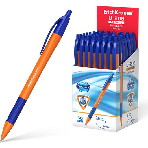 Ручка шариковая автоматическая 1,0 мм синяя ErichKrause U-209 Orange Stick&Grip Ultra Glide, одноразовая, каучуковая вставка, оранжевый корпус, длина письма 1000 м