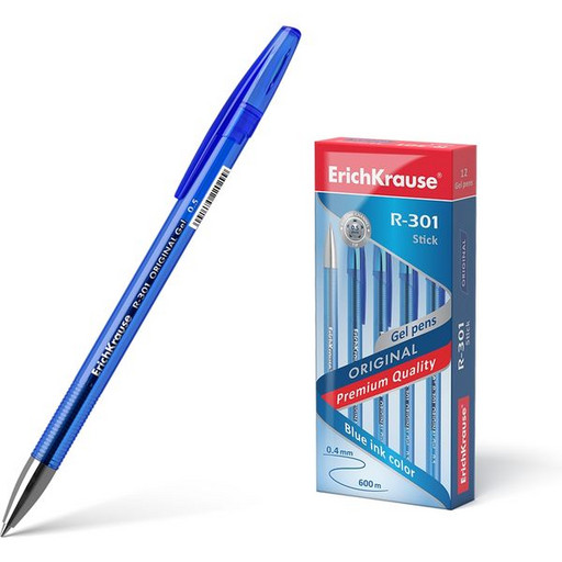 Ручка гелевая 0,5 мм синяя ErichKrause R-301 Original Gel Stick, метал. наконечник, рифленый грип