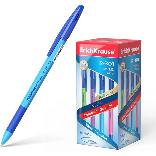 Ручка шариковая 0,7 мм синяя ErichKrause R-301 Neon Stick&Grip, непрозрачный корпус ассорти