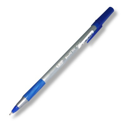 Ручка шариковая 0.7 мм синяя BIC Round Stic Exact, игольчатый ПУ, серый корпус, грип, одноразовая