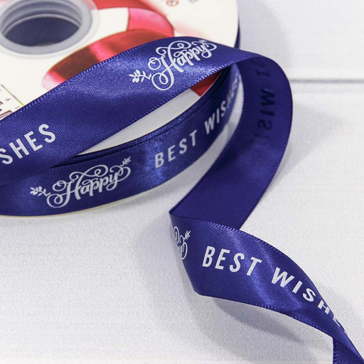 566-25/358 Лента Атласная Полиэстер 2,5см*100ярд "Best Wishes" Синий 1/13 1/52