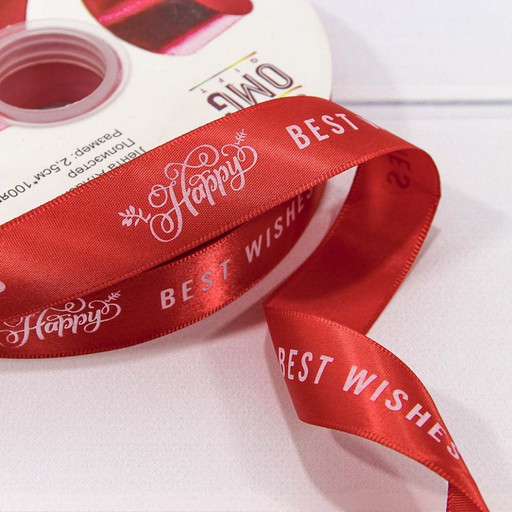 566-25/235 Лента Атласная Полиэстер 2,5см*100ярд "Best Wishes" Красный 1/13 1/52