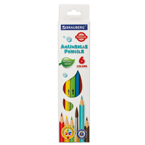 Карандаши цветные акварельные BRAUBERG PREMIUM AQUARELLE, 6 цветов, грифель 4 мм, 181670.