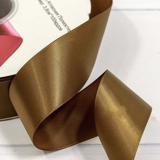 556-38/845 Лента Атласная Полиэстер класс А 3,8см*100ярд Золотисто-коричневый 1/9 1/36 2 1