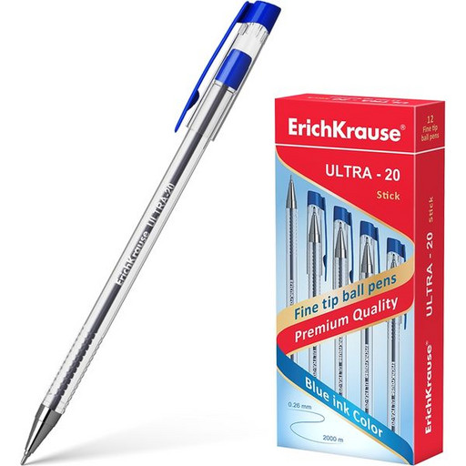 Ручка шариковая 0,7 мм синяя ErichKraus ULTRA-20 игольчатый пишущий узел, металлизированный наконечник, прозрачный корпус