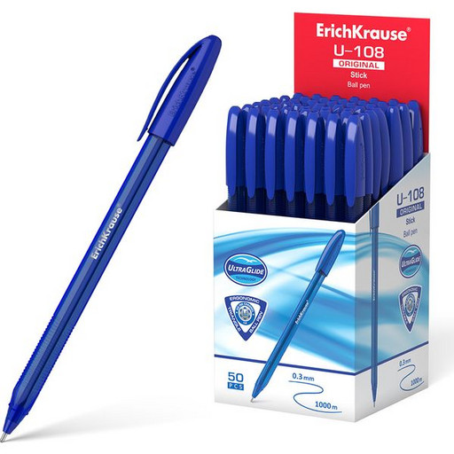 Ручка шариковая 1,0 мм синяя ErichKrause U-108 Original Stick одноразовая, Ultra Glide, тонир.корпус